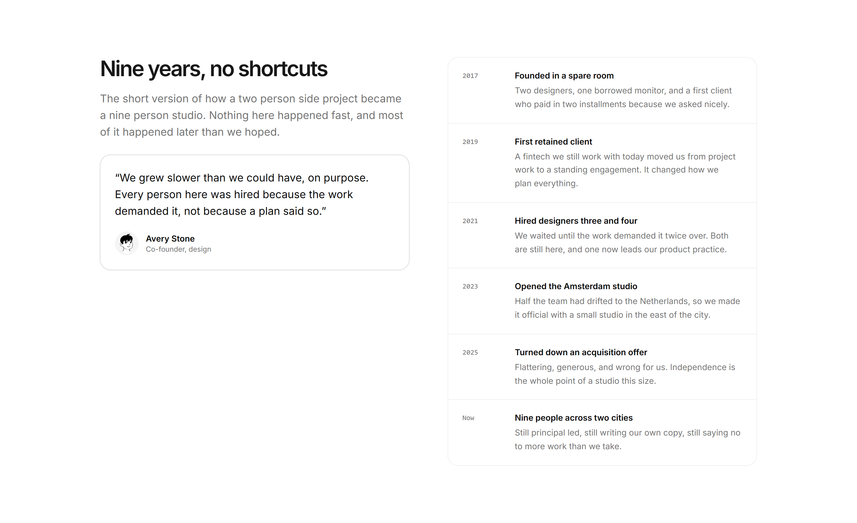 Portfolio Studio and Team: Studio Timeline