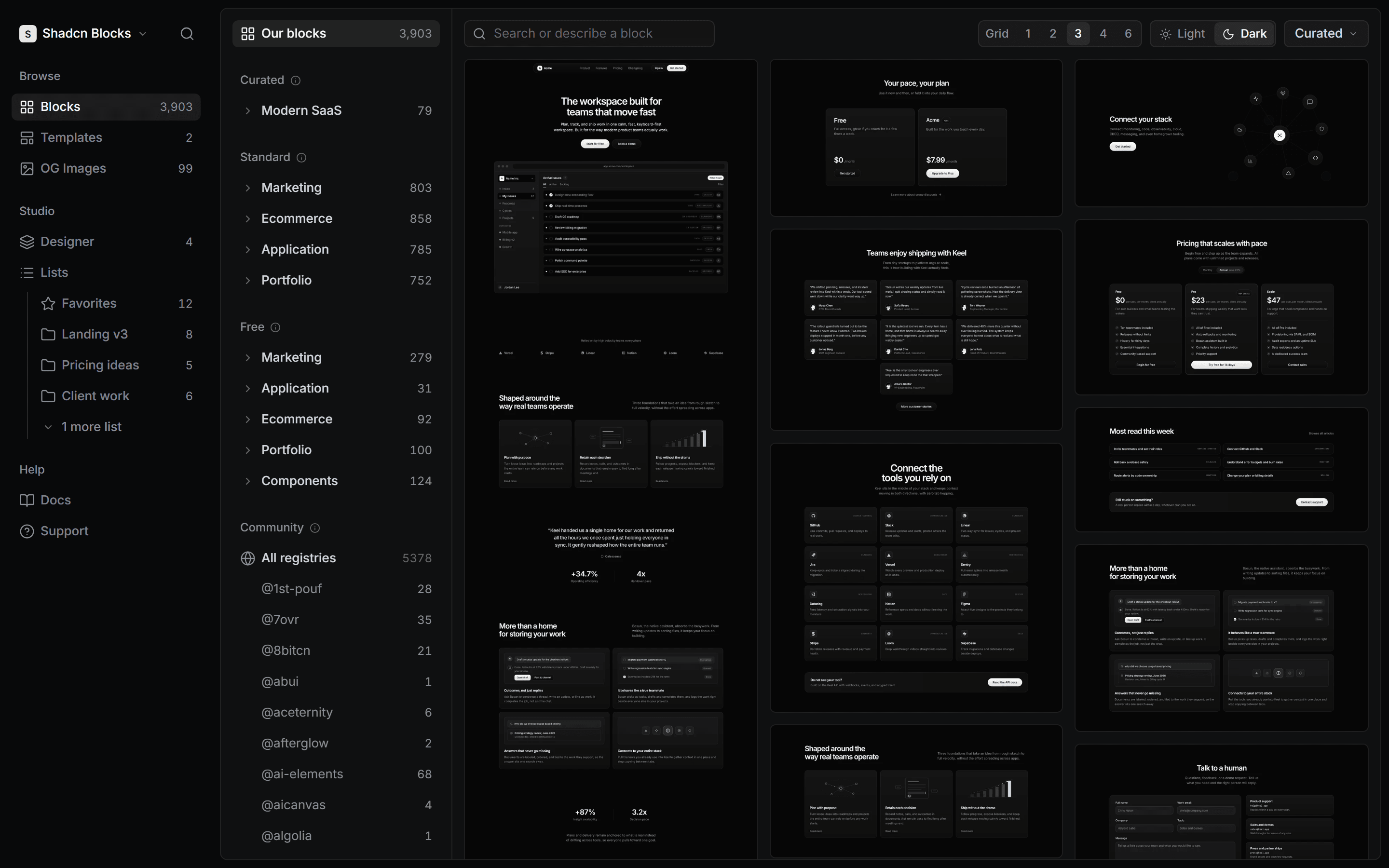 The Blocks page of the app: the sidebar, the collection rail and a grid of block captures