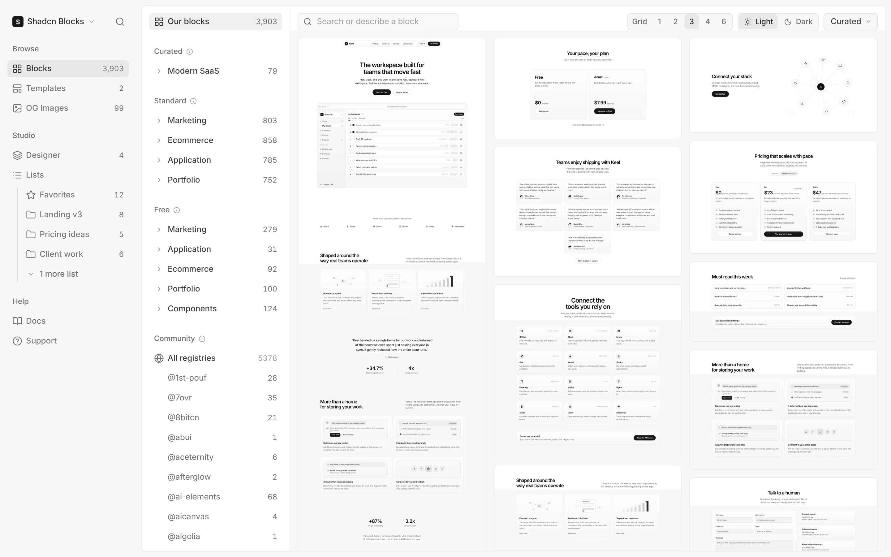 The Blocks page of the app: the sidebar, the collection rail and a grid of block captures