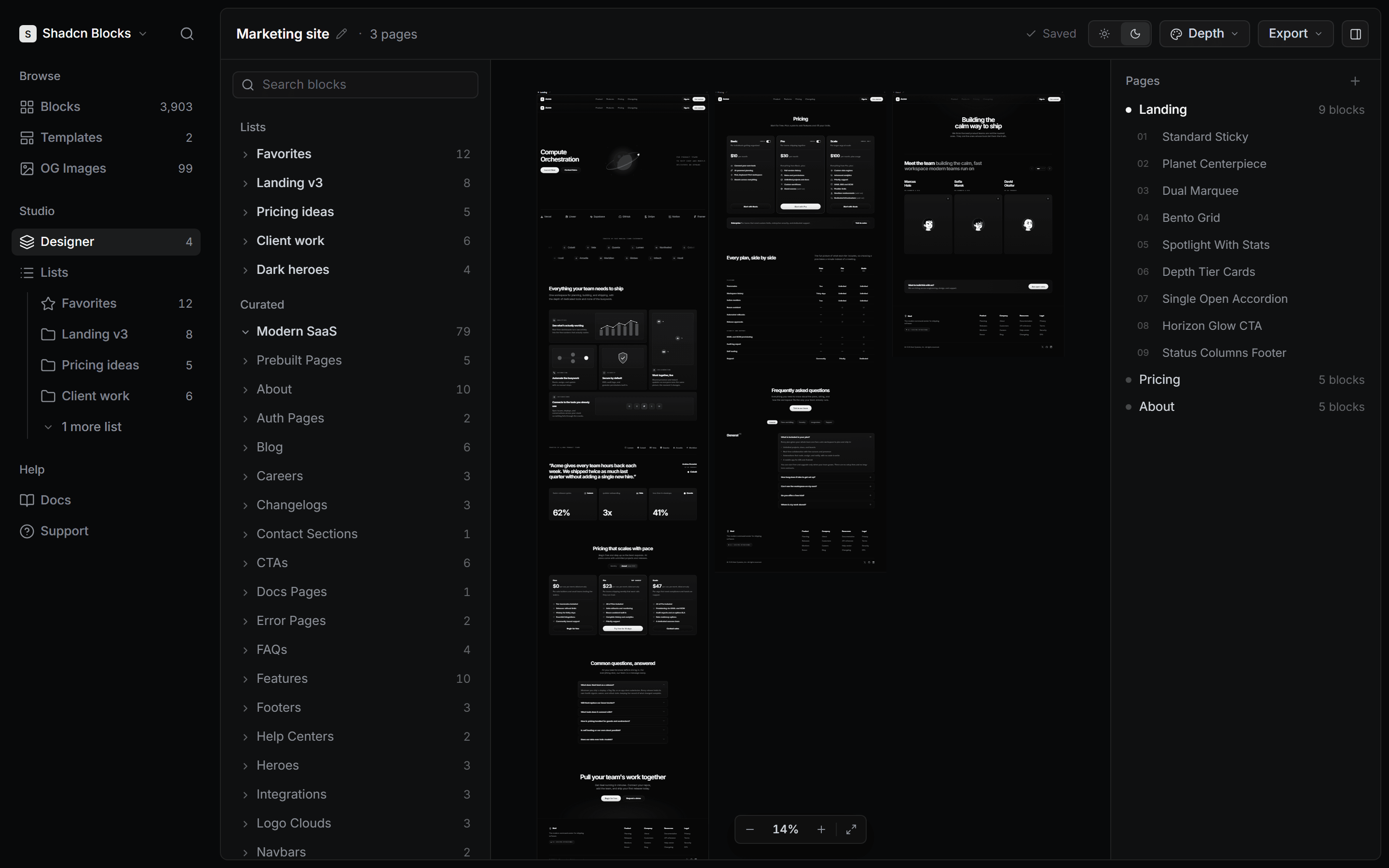 A file open in the Designer: the block library on the left, the page on the canvas and its pages on the right