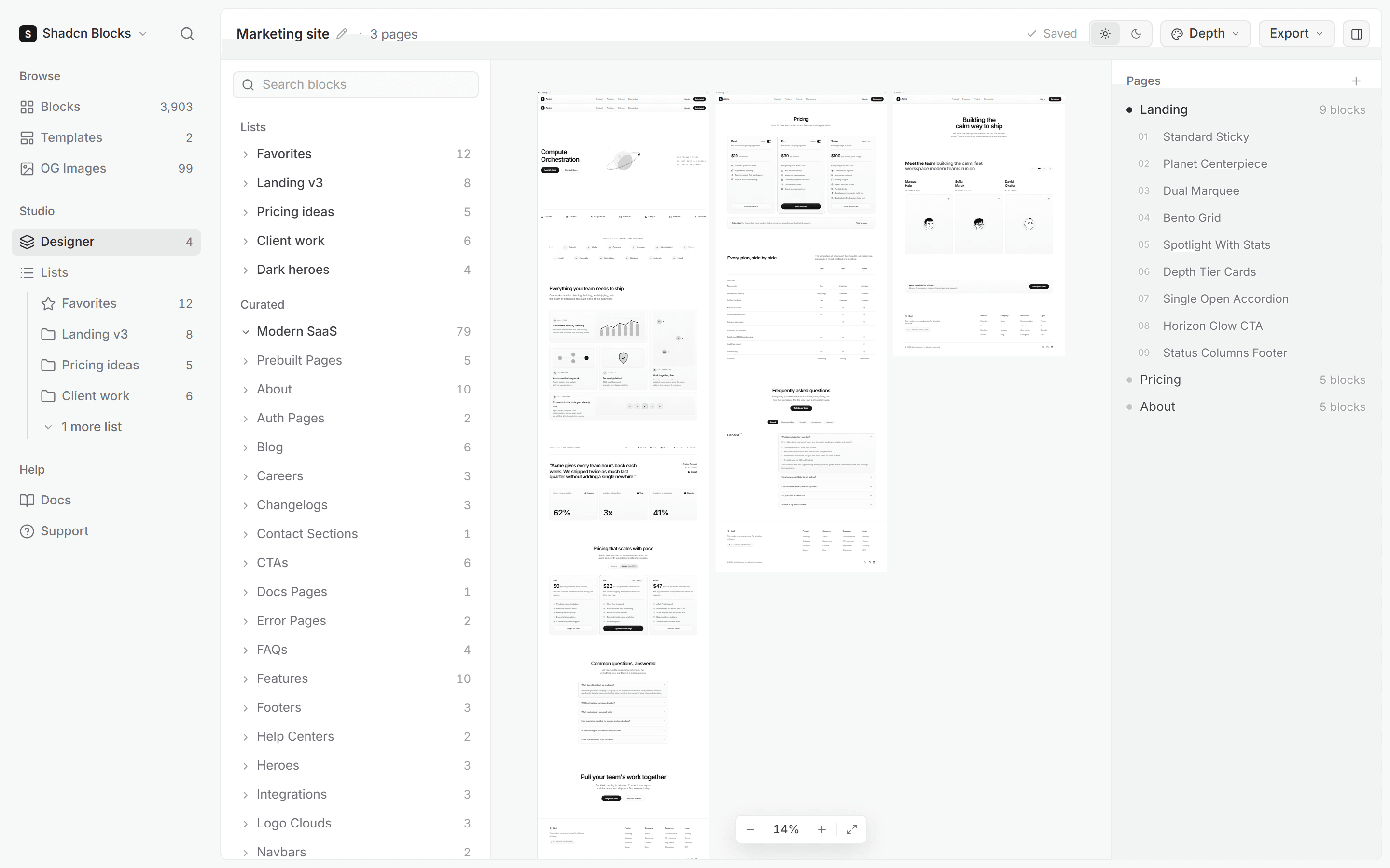 A file open in the Designer: the block library on the left, the page on the canvas and its pages on the right