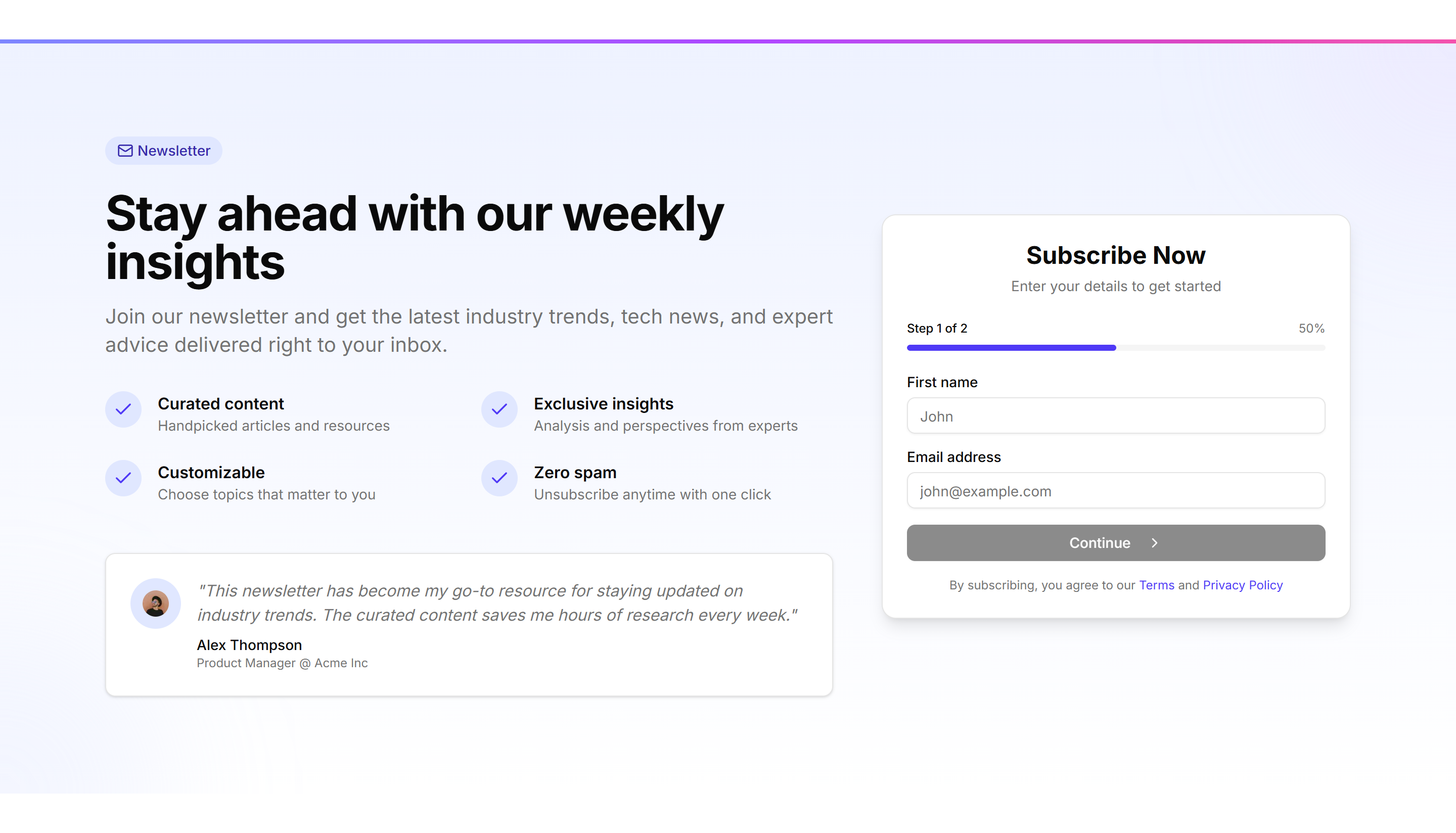 Newsletter Subscription Successfullyalert Example Marketing Hero Form: Newsletter Subscription | Shadcn UI Blocks