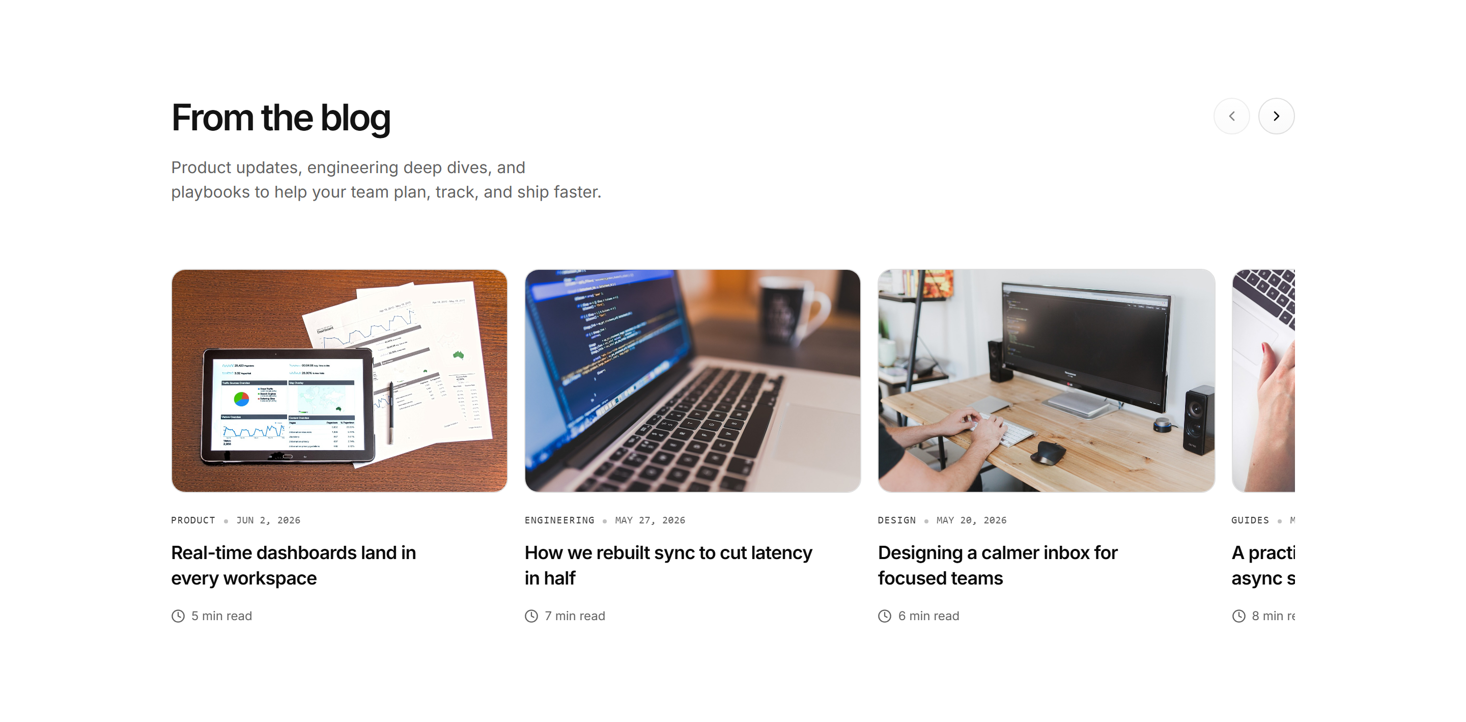 Modern SaaS Blog: Card Carousel | Shadcn UI Blocks