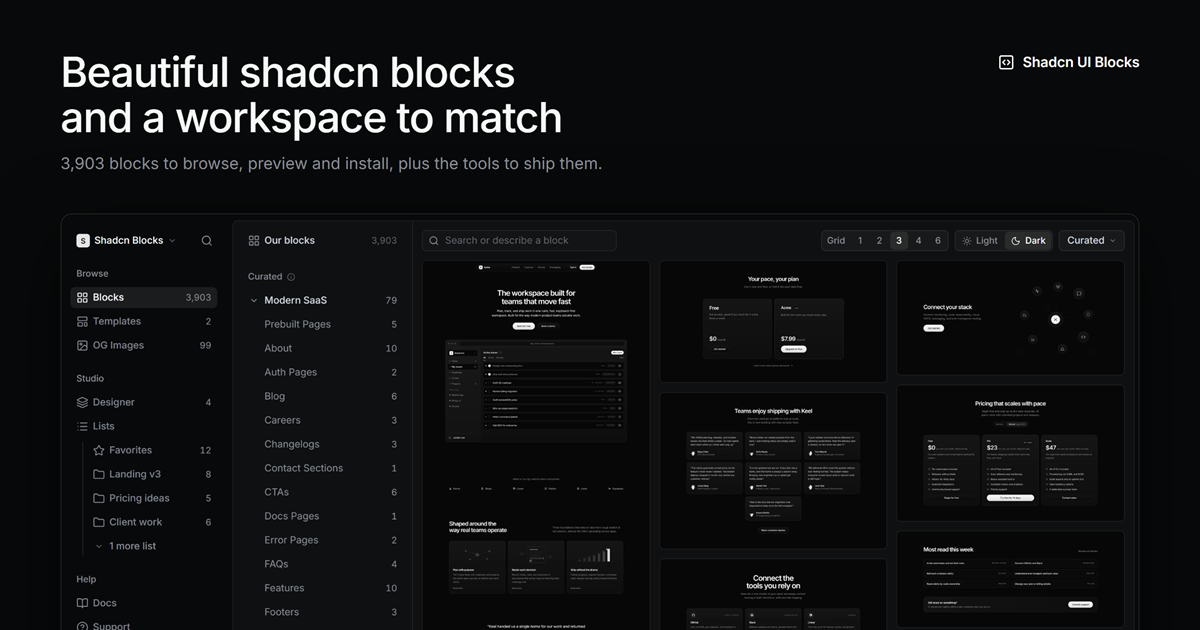 Shadcn UI Blocks — 3,900+ shadcn/ui blocks across three tiers, plus templates, OG images, a page Designer…